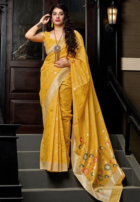 Yellow Banarasi Cotton Silk Jacquard Woven Saree With Blouse Brithika