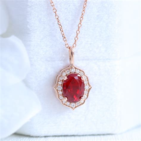 Vintage Style Oval Ruby Necklace Rose Gold Halo Diamond Pendant Chain