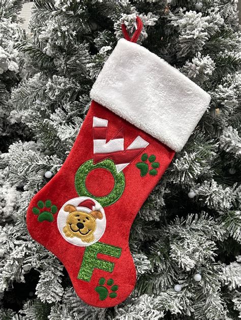 Red Velvet Woof Paws And Puppy Embroidered Christmas Dog Stocking 48cm