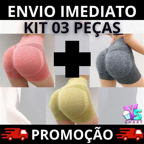 Kit 03 Shorts Fitness Feminino Cintura Alta Academia Levanta Bumbum Sem