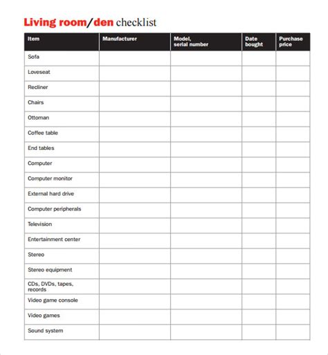 Home Inventory Templates 10 Free Printable Excel Word And Pdf Formats