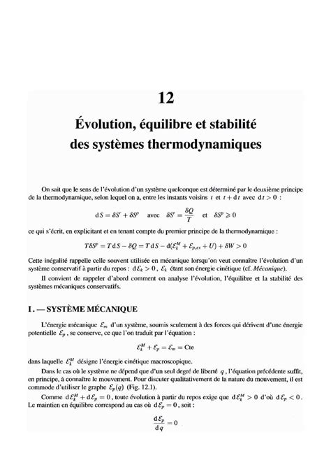 Ch12 Evolution équilibre et stabilité des systèmes thermodynamiques