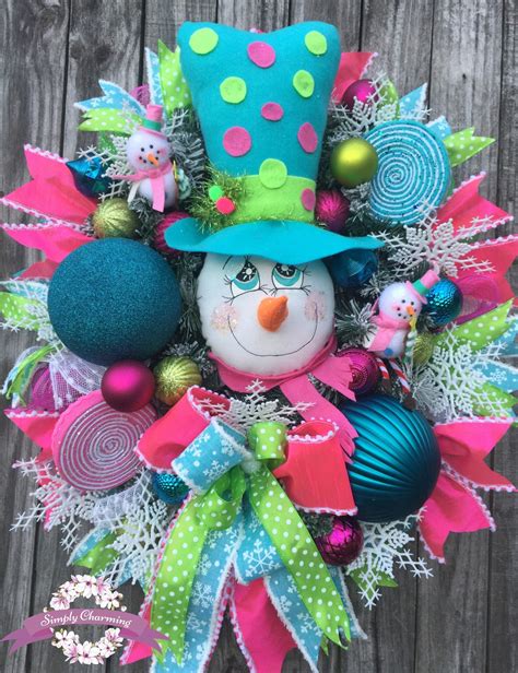 Snowman Christmas Wreath Pink Christmas Wreath Whimsical Snowman Wreath Holiday Wreath