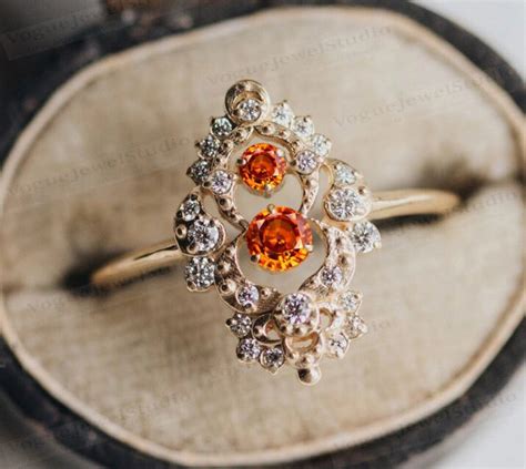 Art Deco Orange Sapphire Engagement Ring 925 Sterling Silver Orange