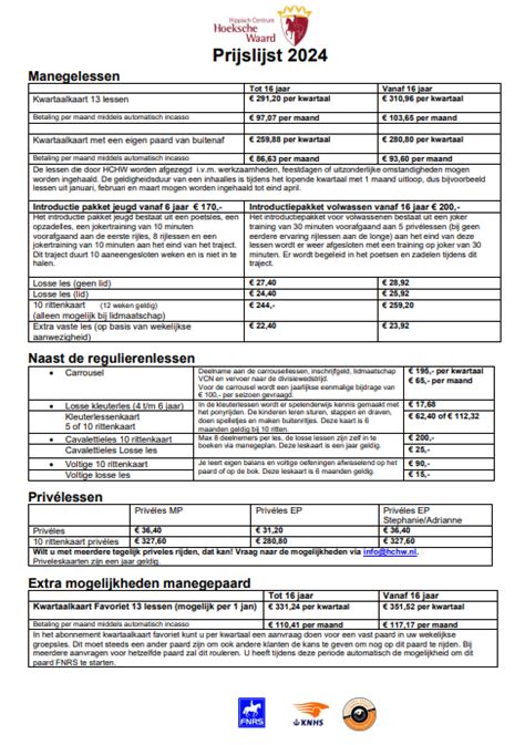 Tarieven Hippisch Centrum Hoeksche Waard