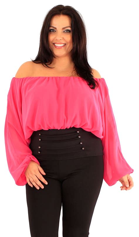 Womens Plus Size Plain Chiffon Long Sleeve Off Shoulder Gypsy Corset