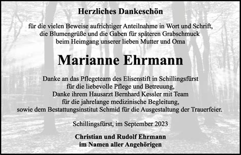 Traueranzeigen Von Marianne Ehrmann Trauer Flz De