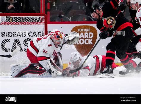 Carolina Hurricanes Goaltender Antti Raanta 32 Looks For The Puck As