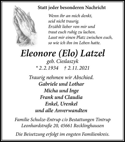 Traueranzeigen Von Eleonore Latzel Sich Erinnern De