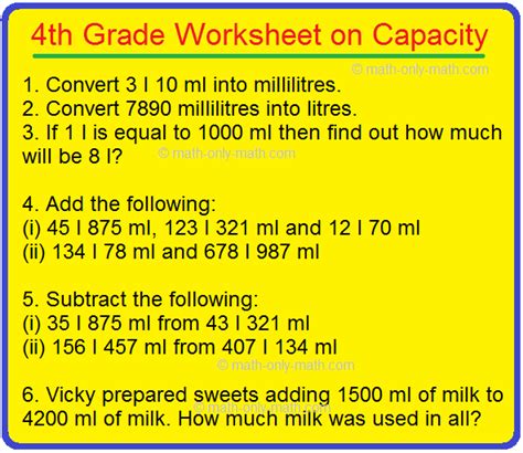 4th Grade Worksheet On Capacity Measuring Capacity Worksheets