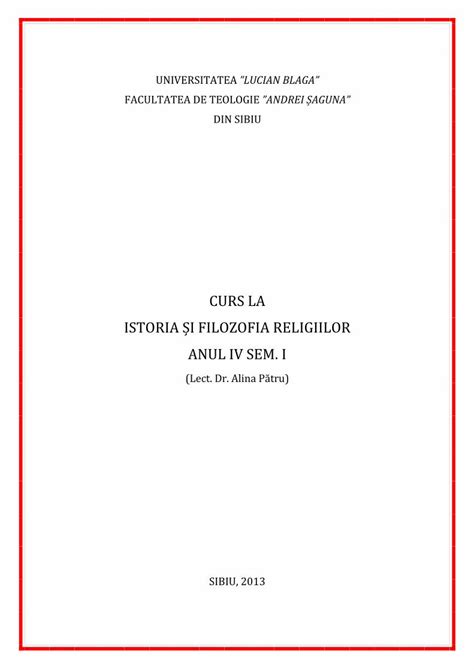 PDF CURS LA ISTORIA ȘI FILOZOFIA RELIGIILOR ANUL IV SEM I