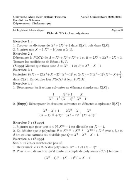 Td1 2023 2024 Algebre Universit ́e Abou Bekr Belkaid Tlemcen Ann ́ee Universitaire 2023