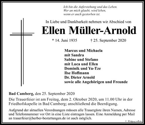 Traueranzeigen von Ellen Müller Arnold vrm trauer de