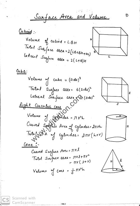 Surface Area And Volume Hanwritten Notes For Class 10th