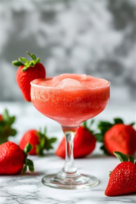 A Glass Of Strawberry Daiquiri Cocktail And Fresh Strawberries On The