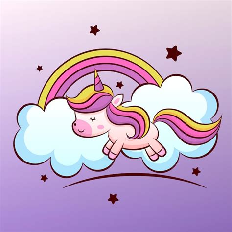 Licorne Mignonne Dans Les Nuages Vecteur Premium