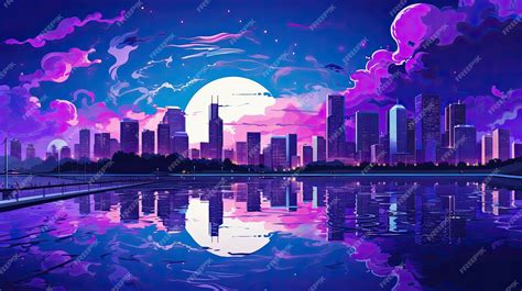 Premium AI Image | Neon city skyline over purple background