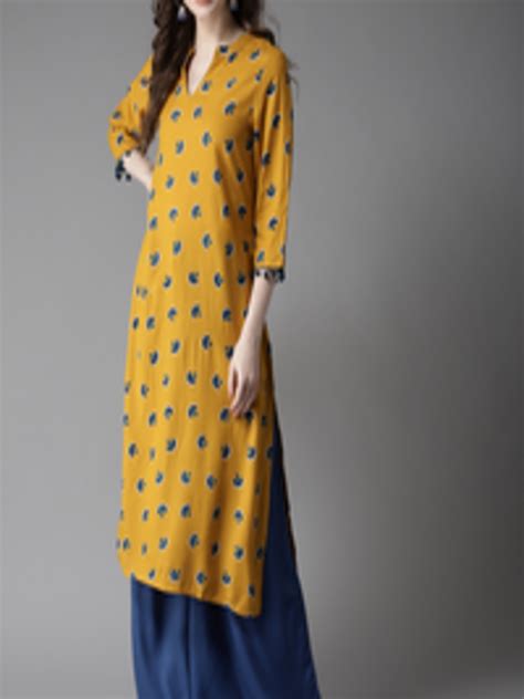 Buy HERE NOW Women Mustard Yellow Navy Blue Printed Kurta With