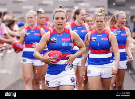 Ellie Blackburn Of The Bulldogs Leads The Team Out During The Round 1