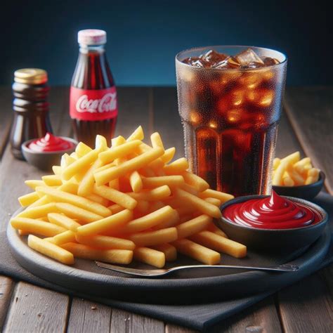 French Fries With Ketchup And A Glass Of Coke On Wood Table Premium