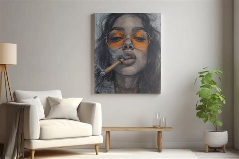 Smokin Hot Girl Sexy Woman With Sunglasses Aesthetic Drawing Gray And Amber Sensual Wall