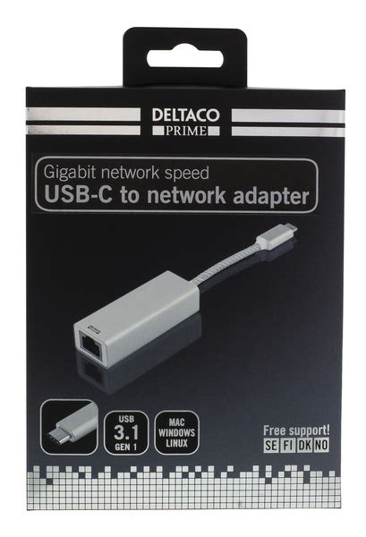 DELTACO PRIME USB C Verkkosovitin Gigabit RJ45 Alumiinia Hopea