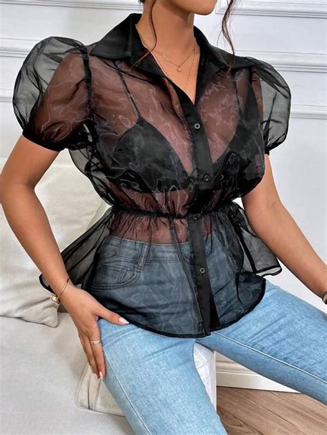 Shein Privé Puff Sleeve Peplum Organza Shirt Without Bra Shein Usa