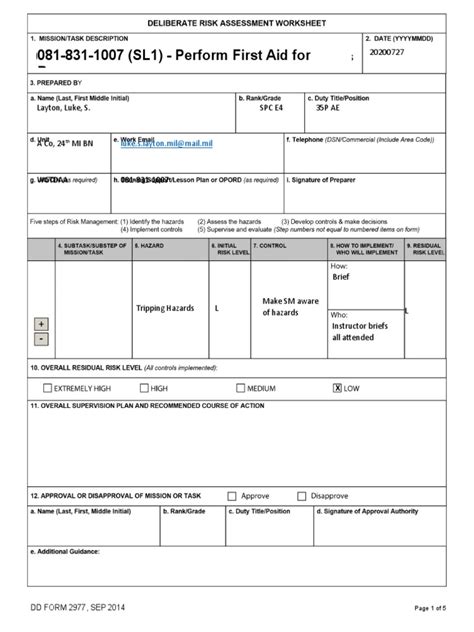 Sgt Layton Luke Dd 2977 Deliberate Risk Assesment Form Pdf