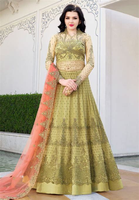 Light Green Net Embroidered Indo Western Lehenga Choli Bridal