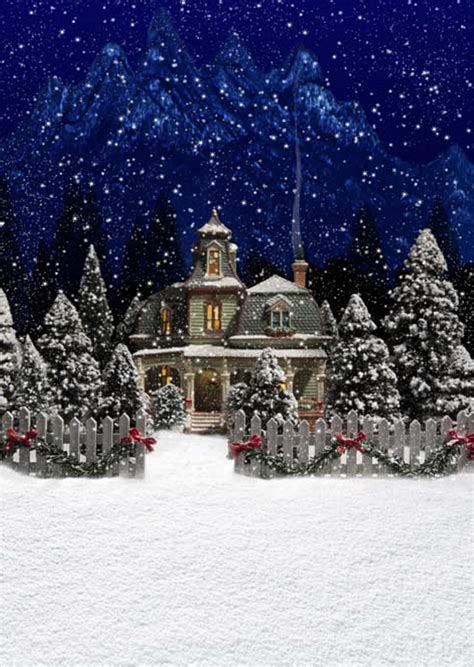 Mohome Christmas Blue Night Photo Backdrops House Xmas Tree Wood Fence