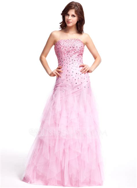 A Line Princess Strapless Floor Length Tulle Prom Dress With Beading