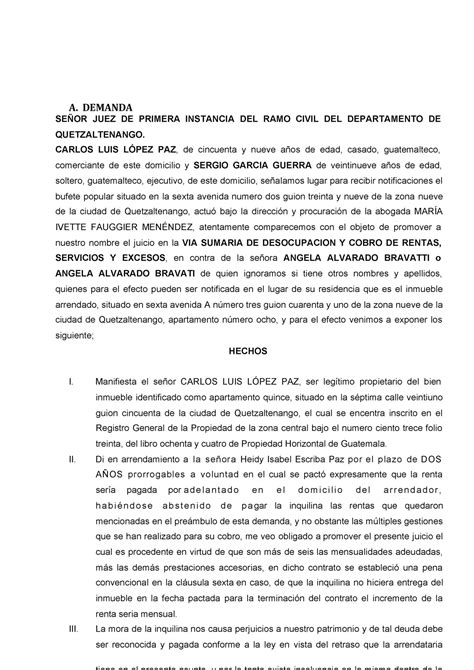 Juicio sumario de desocupacion A DEMANDA SEÑOR JUEZ DE PRIMERA