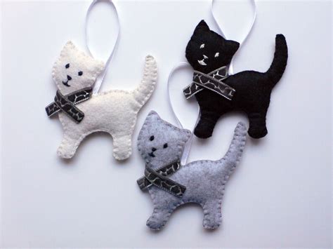 Set Of 3 Felt Cat Christmas Tree Ornaments Handmade Felt Etsy