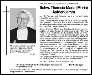 Traueranzeigen Von Theresia Maria Maria Aufderklamm Trauer Bz