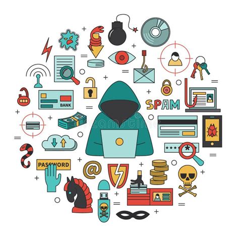 Hacking And Cyber Crimes Round Vector Illustration Stock Vector