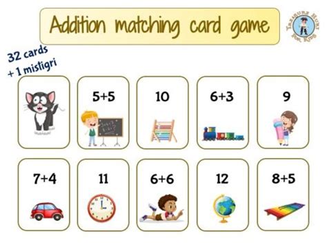 Addition matching card game - printable math game - Treasure hunt 4 Kids