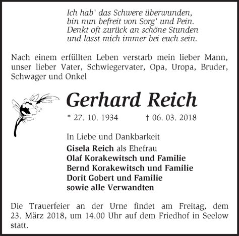 Traueranzeigen Von Gerhard Reich M Rkische Onlinezeitung Trauerportal