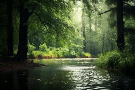 Premium Photo A Rainy Day In The Forest With Sunlight Filtering