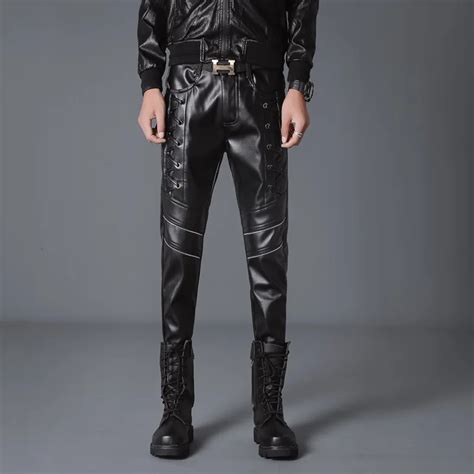 Men Skinny Faux Pu Leather Pants Shiny Black Trousers Night Club Stage