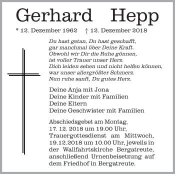 Traueranzeigen Von Gerhard Hepp Schwaebische De Trauerportal