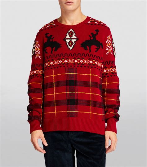 Mens Polo Ralph Lauren Red Stretch Wool Fair Isle Sweater Harrods UK