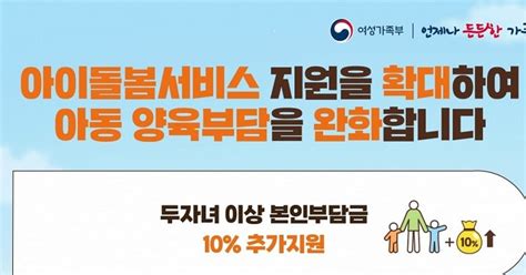 2자녀 이상 가구에 아이돌봄서비스 본인부담금 10 추가 지원