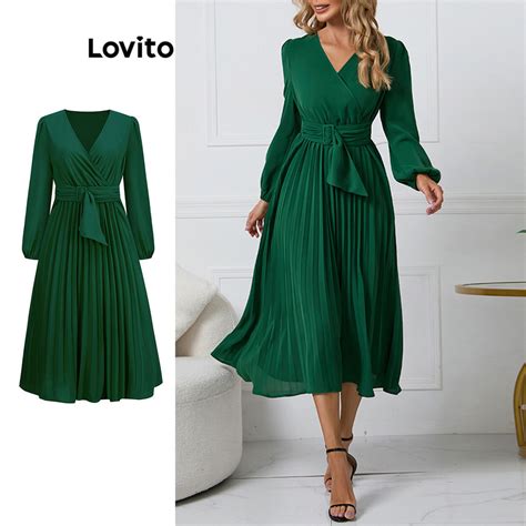 Lovito Elegant Plain Lace Up Pleated Dress For Women LNL57203 Lovito