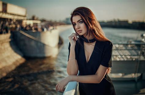 Wallpaper Portrait Depth Of Field Blue Eyes Black Dress Women