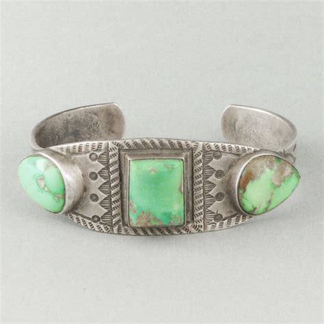 Navajo Stamped Silver Bracelet With Three Turquoise Stones C