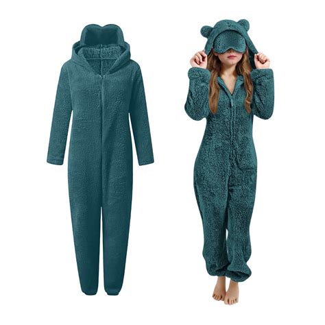 Onesie Pajamas with Eye Mask Fleece Bear Hooded One-Piece Sleepwear Zip
