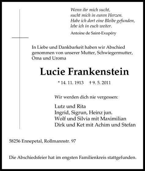 Traueranzeigen Von Lucie Frankenstein Trauer In NRW De