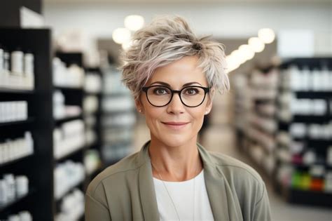 Premium Photo Portrait Of A Charming Mature Caucasian Female Pharmacist Wearing Glasses Among