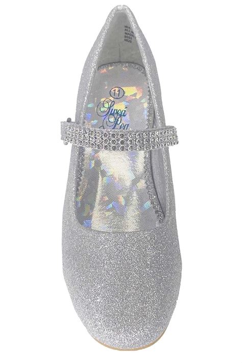 Silver Glitter Girls Low Heel Dress Shoe With Rhinestone Strap Pink