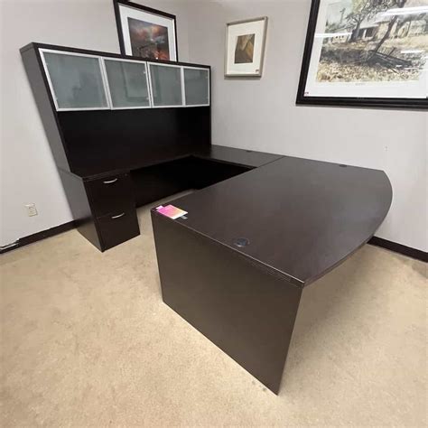 Espresso Bow Front U Desk With Hutch And Glass Doors Left Return